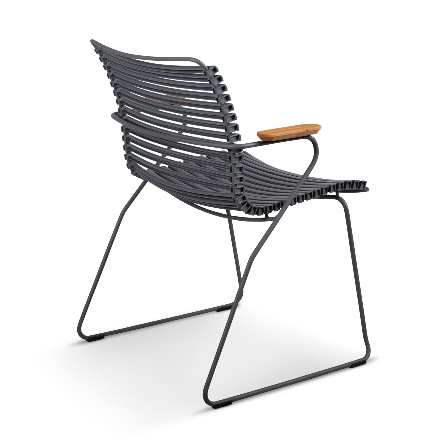 Gray metal chair with wooden armrest.